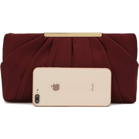 ⚡ Women's Elegant Evening Pleated Satin Simple Classy Dark Red Clutch Bag - Picture 5 of 7